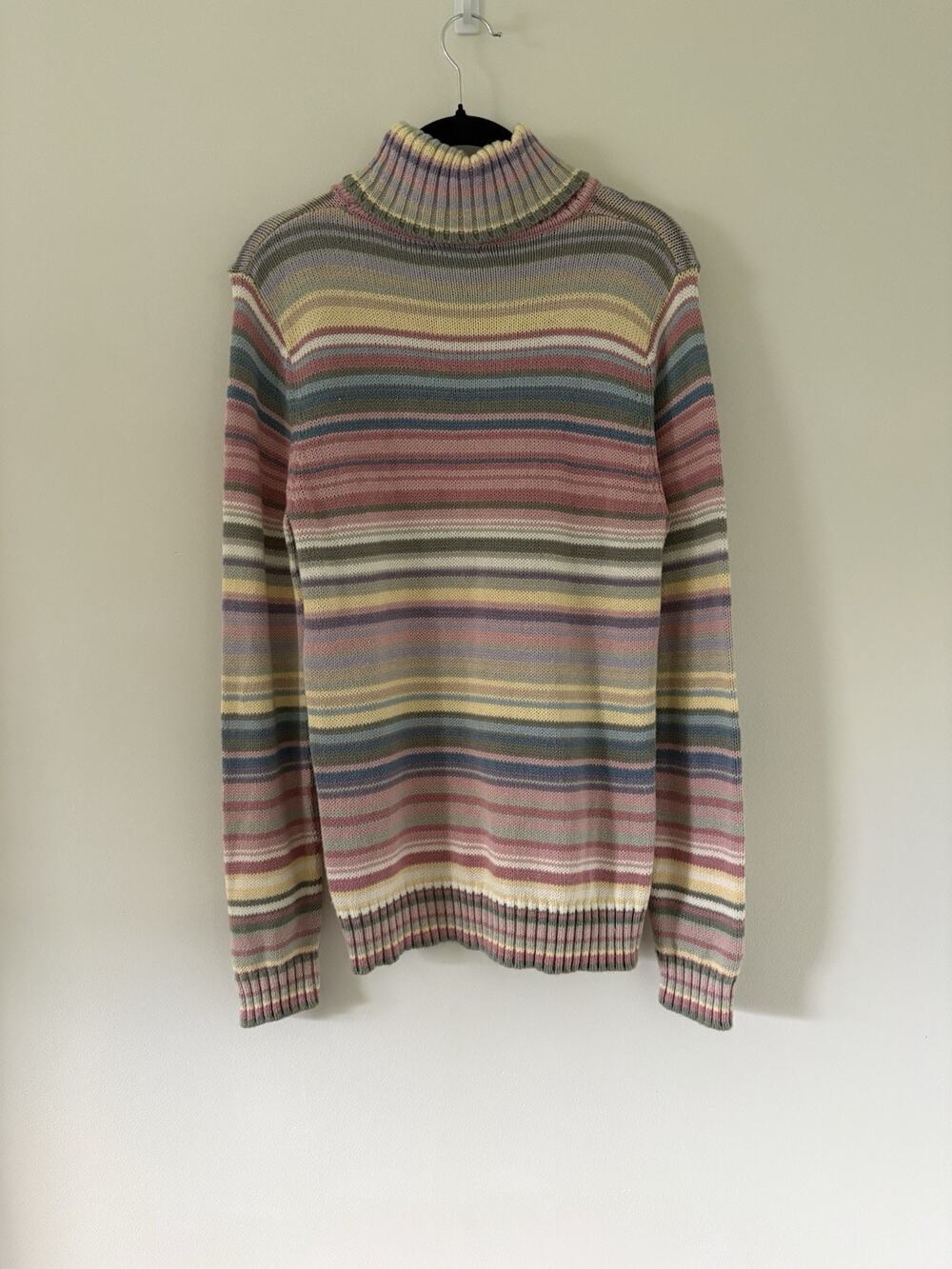 Vtg 90s Y2K Happy Stripe Izod Pastel Colorful Knit Turtleneck Sweater M